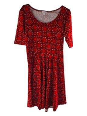 LulaRoe Nicole Dress Orange Red Burgundy Wheel print fit flair sz L